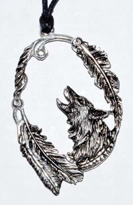 Wolf with Feathers amulet 3 1/4"